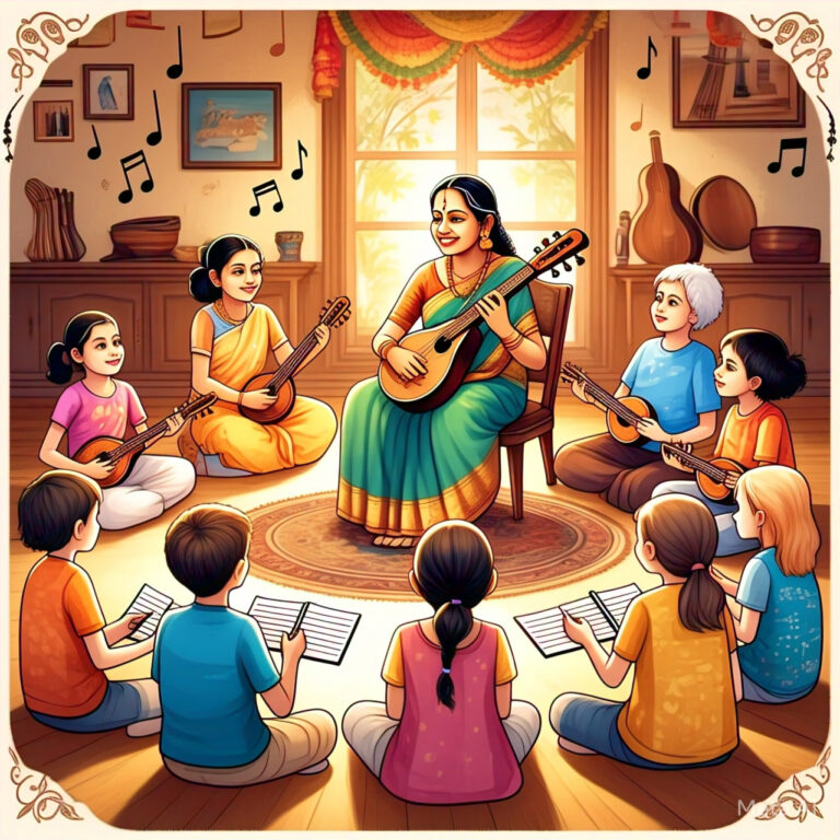 Children practicing ragas with Guru